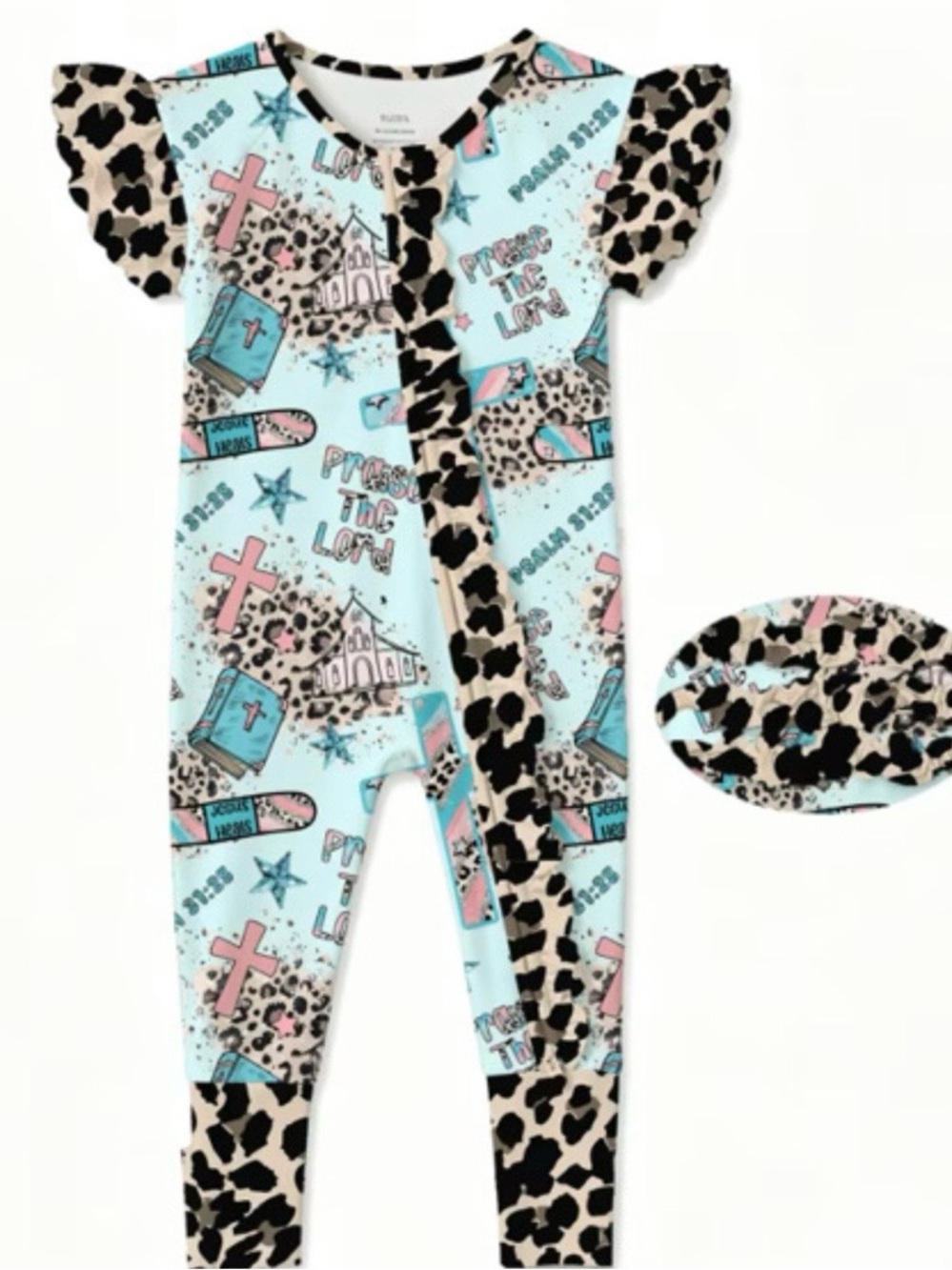 BAMBOO Light Blue flutter sleeve  ruffle butt zippy with open or close footies